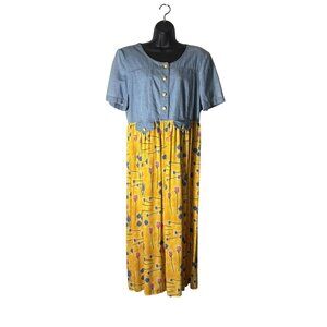 Vintage Karlie Collection Denim & Floral Midi Dress Size 14 Yellow & Blue